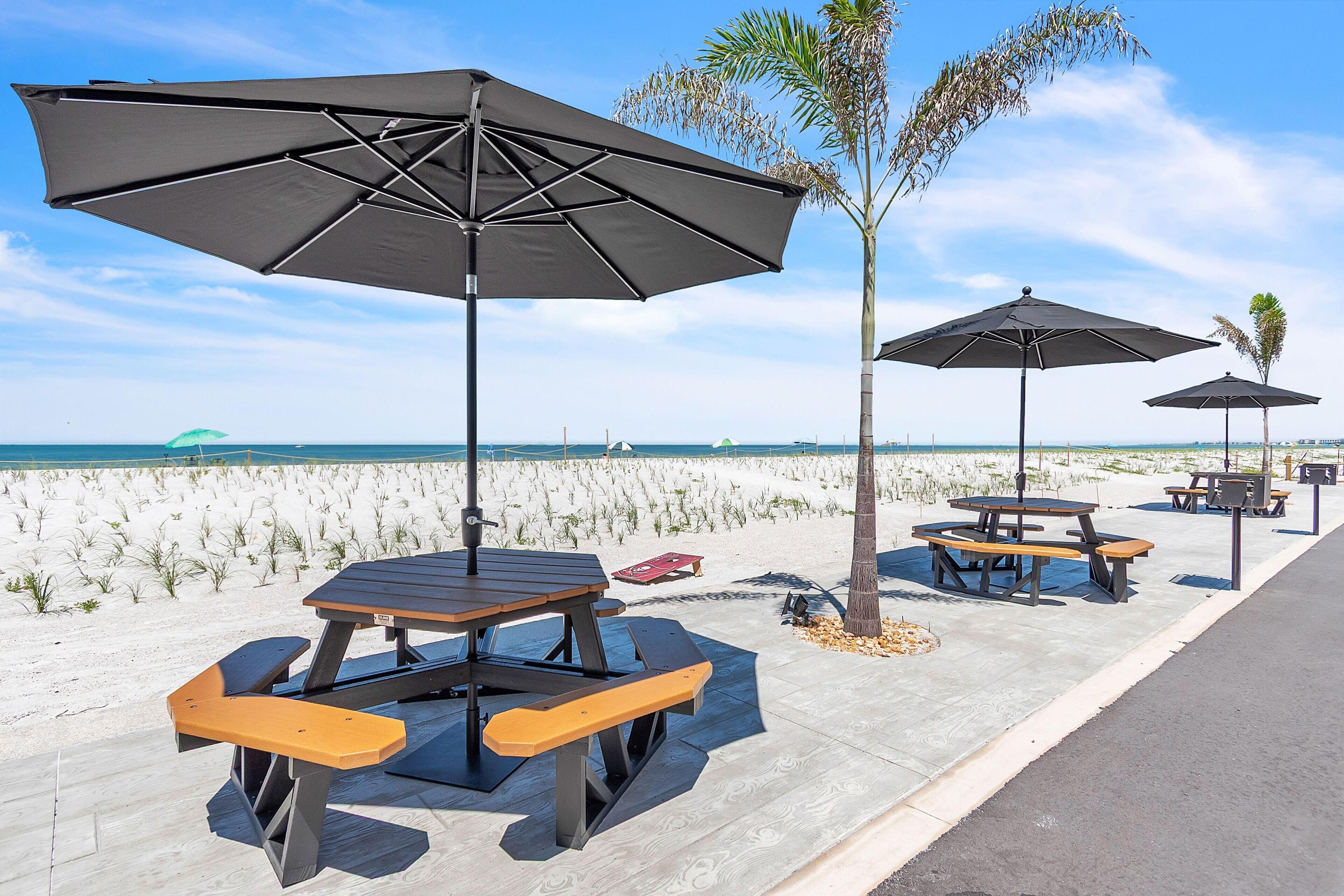 A beachside patio with picnic tables and umbrellas, a palm tree, and a view of the ocean.