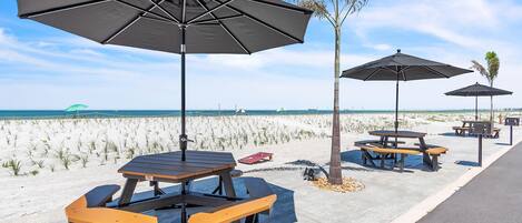 A beachside patio with picnic tables and umbrellas, a palm tree, and a view of the ocean.