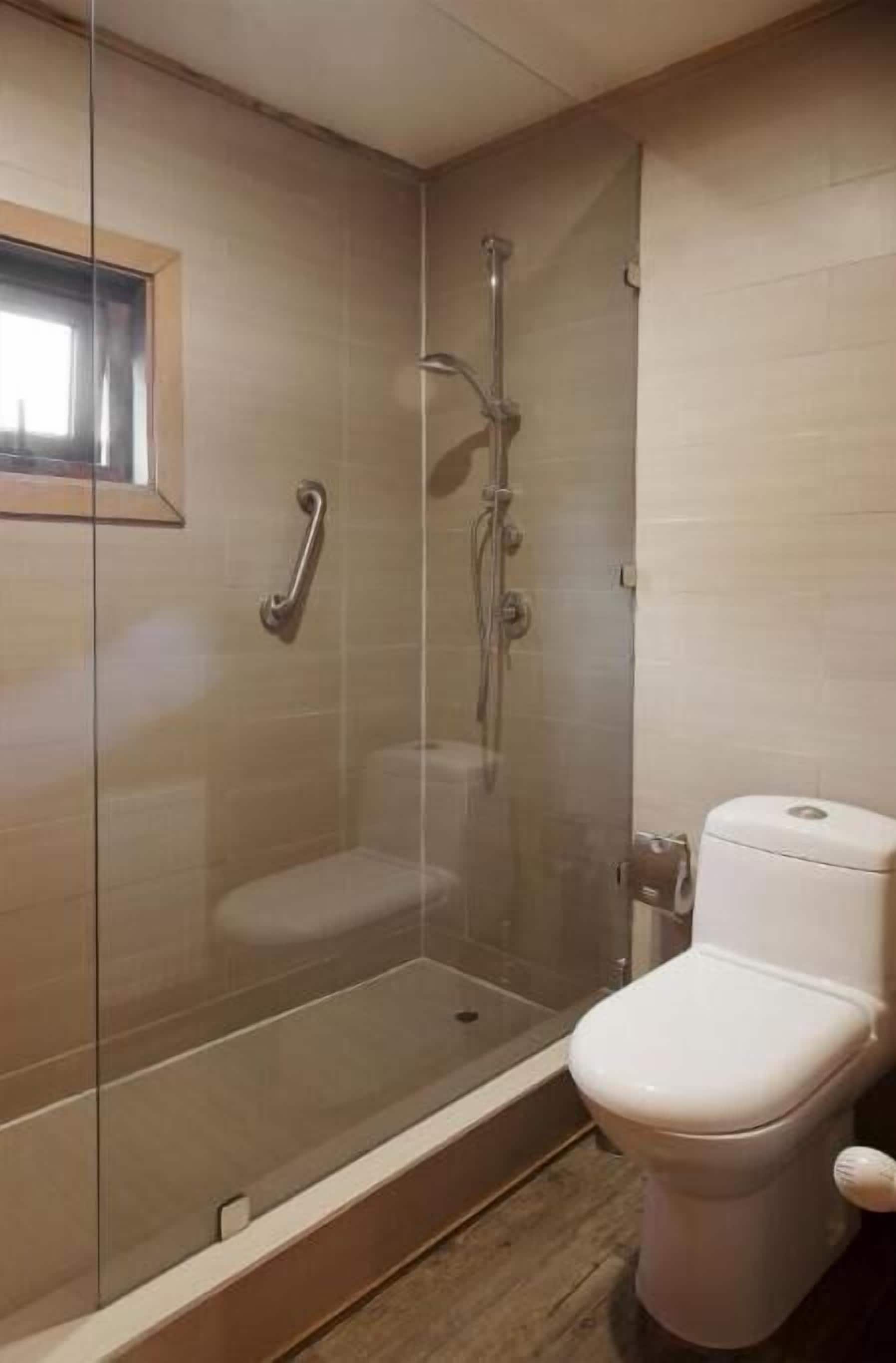Shower, free toiletries, hair dryer, towels