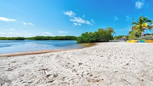 Une plage de sable fin, une mer calme, quelques palmiers et des kayaks aux couleurs vives.