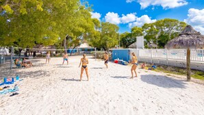 Ein Beachvolleyballfeld mit Spielern, einer strohgedeckten Struktur und einem eingezäunten Bereich mit weißem Zaun.