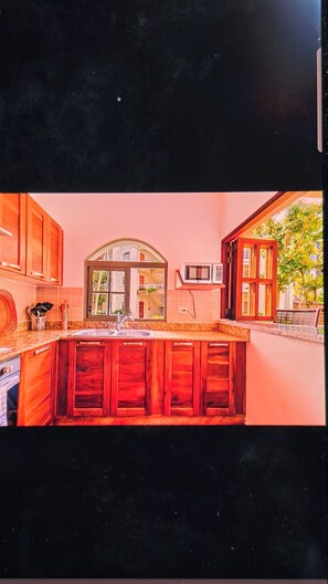 Una cocina con armarios de madera, un microondas y un lavamanos.