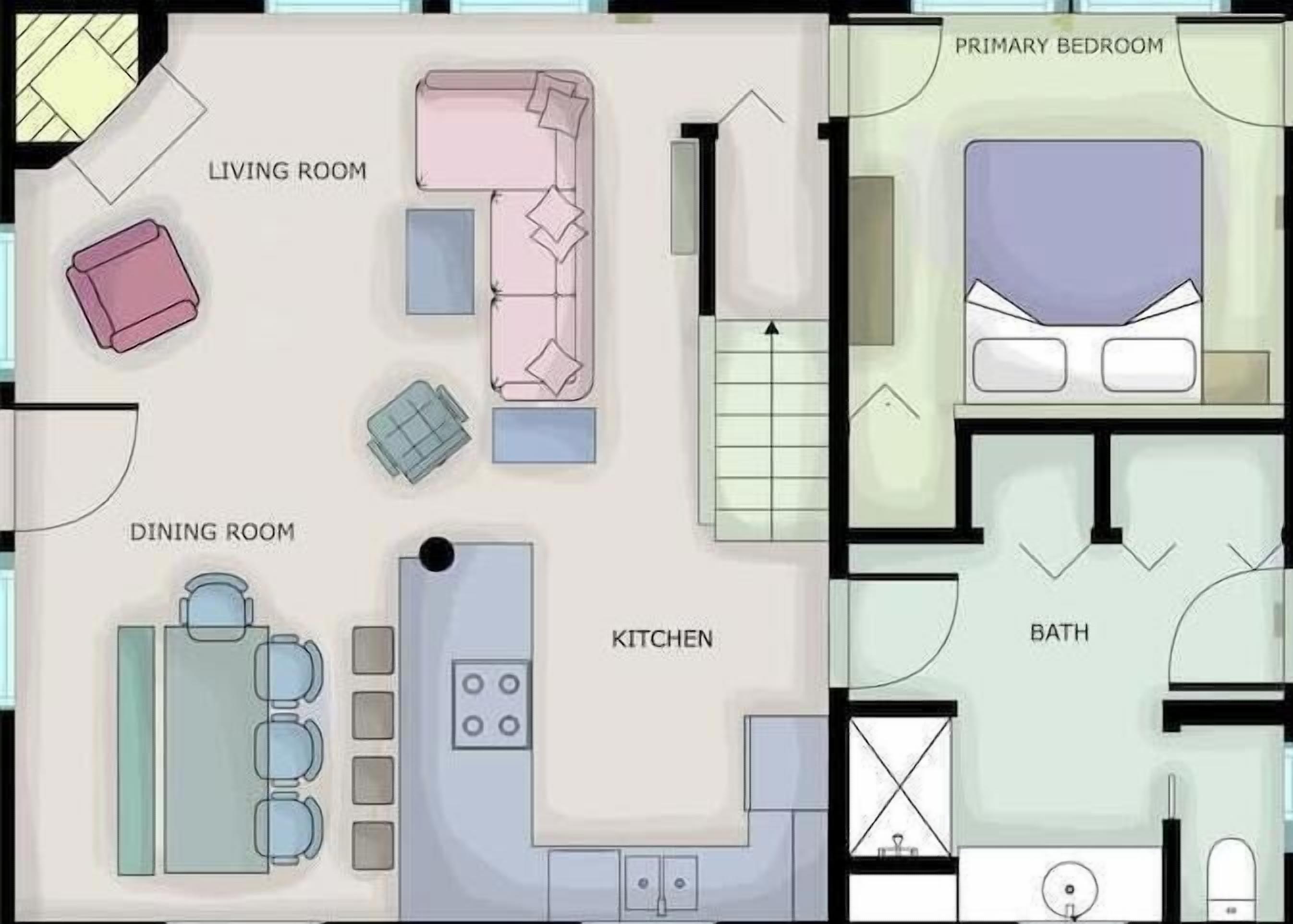 A floor plan with a living room, dining room, kitchen, primary bedroom, and bathroom.
