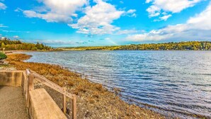 A lakeside view with a wooden walkway leading to the water, surrounded by trees and a clear sky.