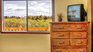 Een kamer met een houten dressoir, een televisie en een raam met uitzicht op bomen.