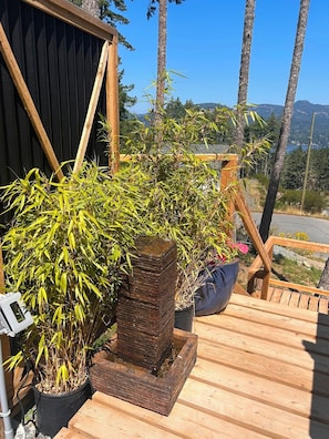 A wooden deck with a black metal structure, a large potted bamboo plant, and a black pot with a smaller plant.