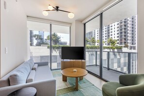 Living area - World Cup HQ, Miami 2BR w/ Skyline Views + Pool (Miami)