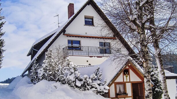 Ein zweistöckiges Haus mit Balkon, umgeben von schneebedeckten Bäumen und einer verschneiten Landschaft.