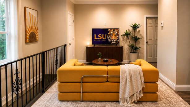 En stue med sofa, sofabord, TV der viser LSU Tigers, og en trappe.