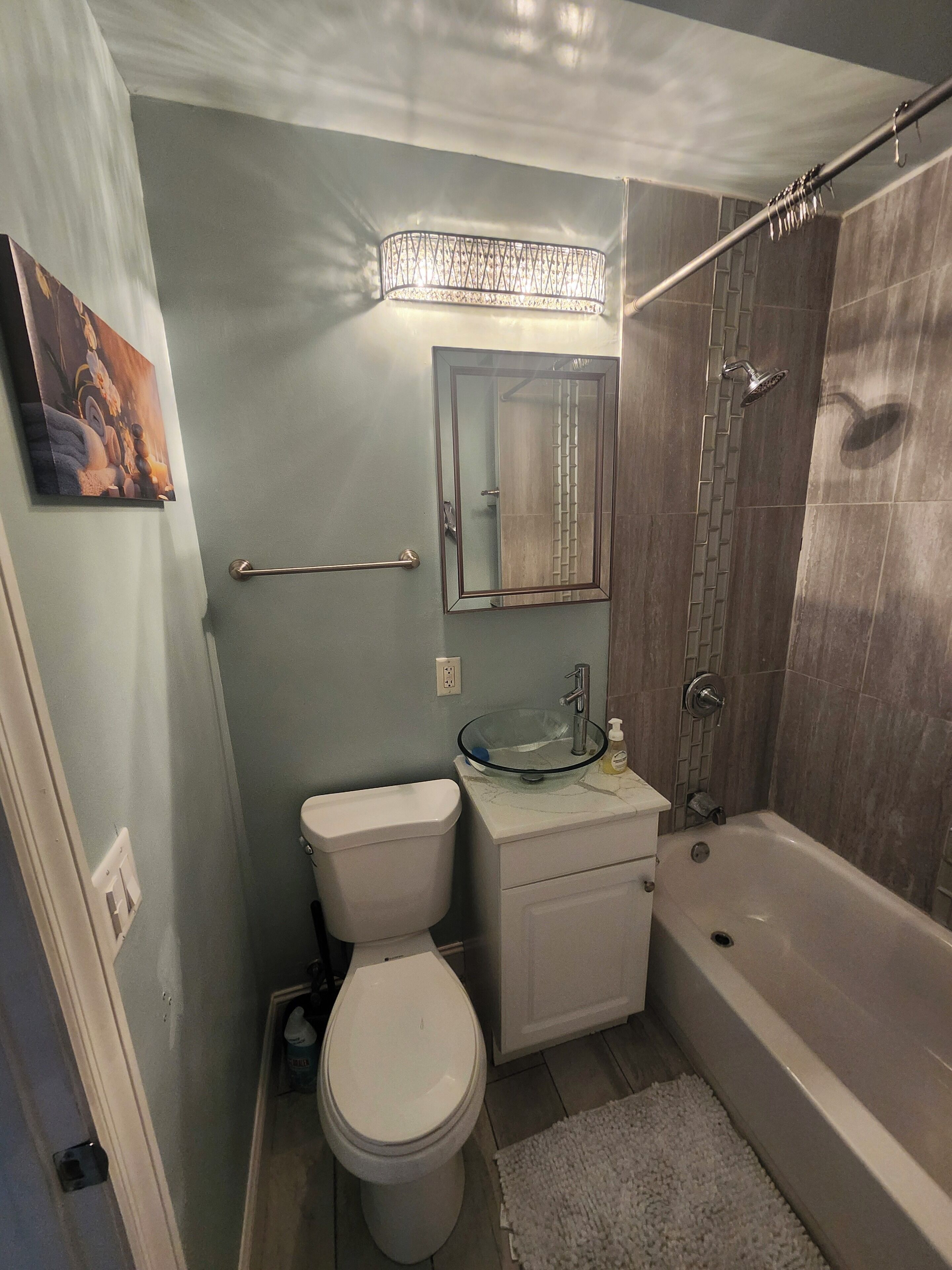 Hair dryer, towels, soap, toilet paper