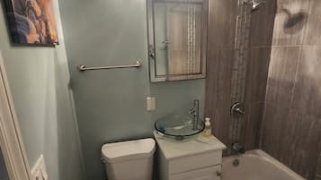 Hair dryer, towels, soap, toilet paper
