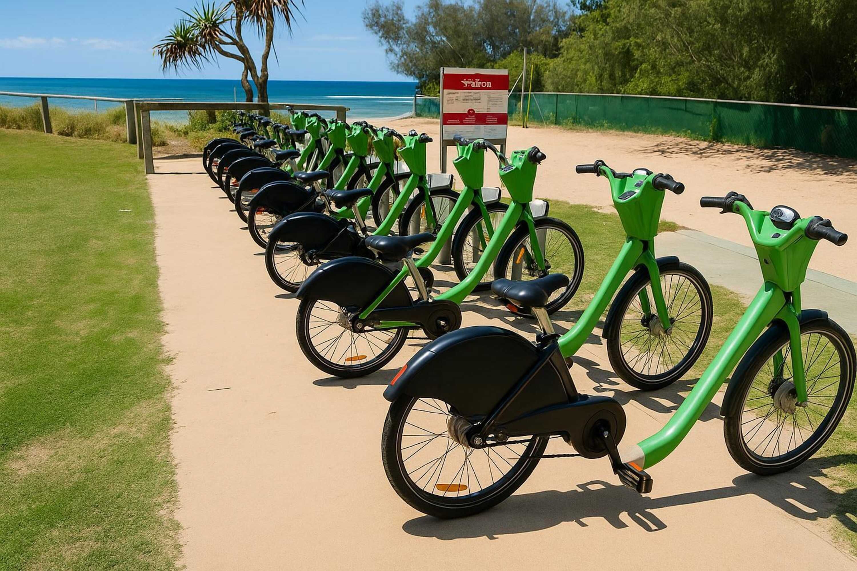 A row of green bicycles parked on a paved path by the beach.