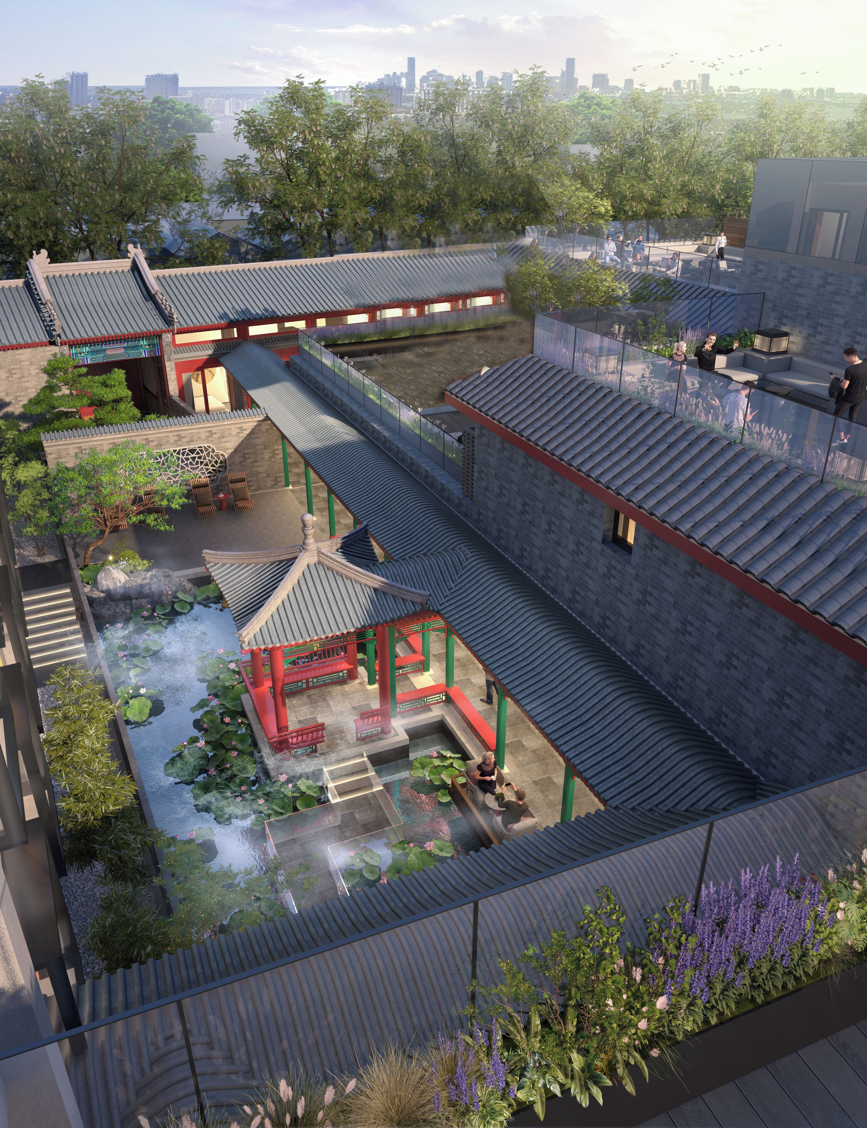 A traditional-style building with a courtyard, a pond with lotus flowers, and a view of the city skyline.