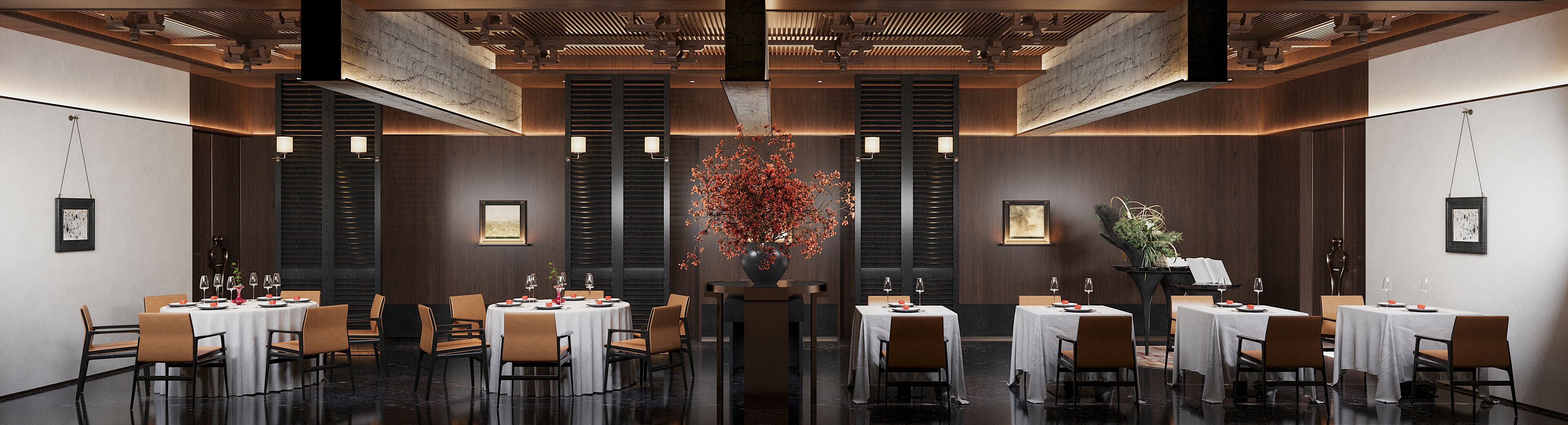 A modern dining area with round tables, chairs, and a central decorative plant.