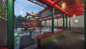 A traditional Chinese courtyard with a pond, red and green architecture, and a moon in the sky.