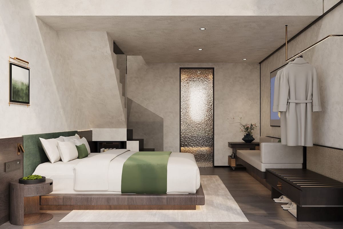 A modern bedroom with a bed, bedside tables, a mirror, and a decorative wall panel.