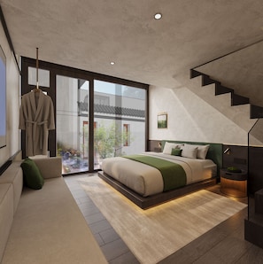 A modern bedroom with a large bed, a hanging robe, a staircase, and a view of the outdoors. - Happy Dragon Imperial Garden Courtyard  (Beijing)
