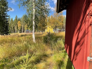 A red wooden structure with a metal latch, surrounded by tall grass and trees.