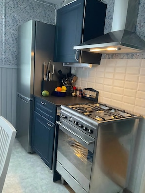 A compact kitchen with a stainless steel refrigerator, oven, and gas stove.