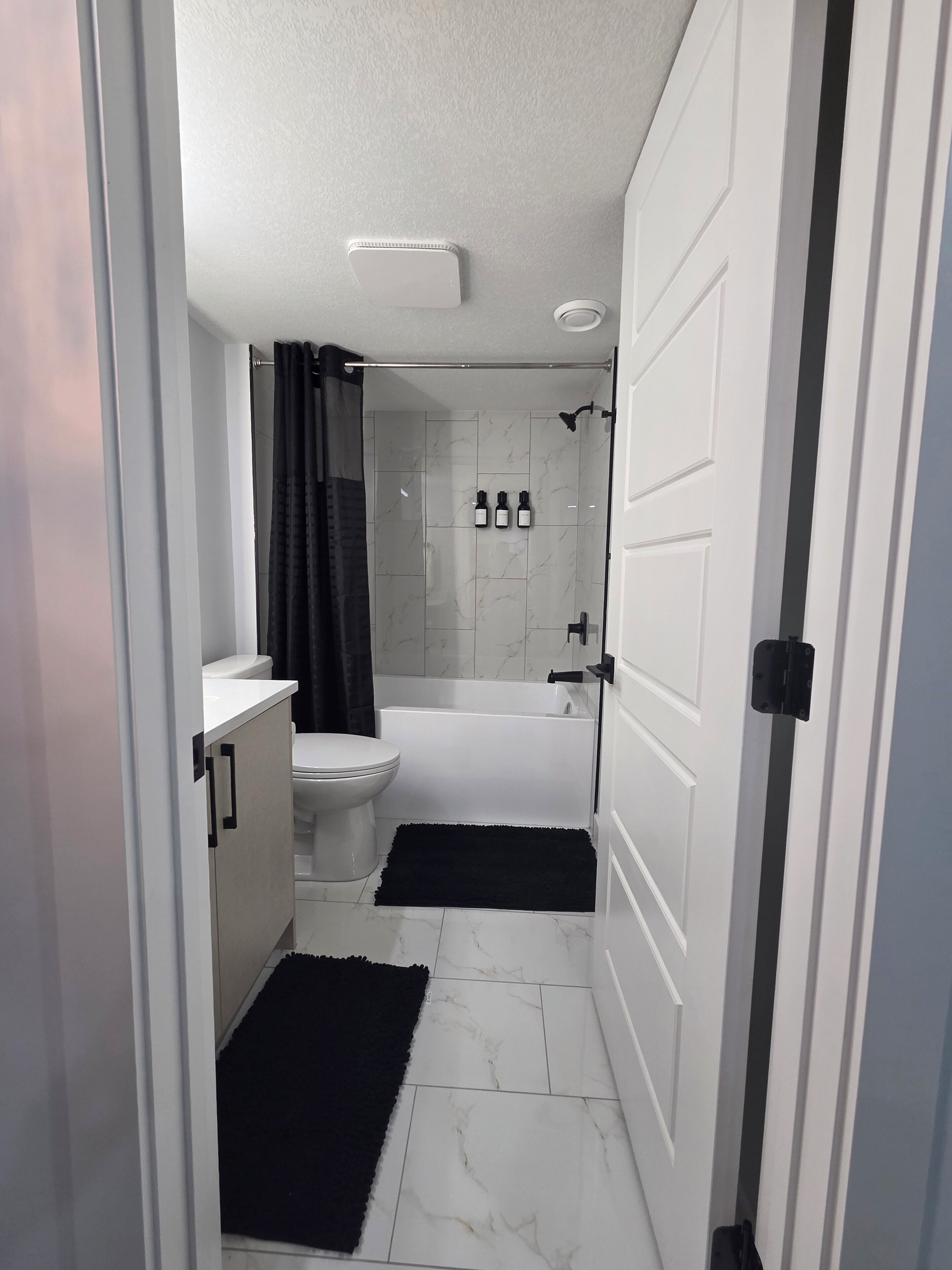 Hair dryer, bidet, towels, soap