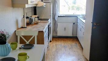 Fridge, microwave, oven, cookware/dishes/utensils