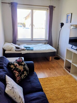 Et lille rum med en seng, en sofa, et fjernsyn og et vindue med gardiner.