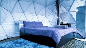 Een kamer met een geometrisch patroon op de muur, een bed met een blauwe spreidek, een zacht blauw tapijt en een spiegel met een plant.