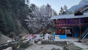 A building with a blue exterior and a balcony with string lights. - Zenden Stay And Cafe (Jibhi)