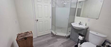 Shower, hair dryer, towels, soap