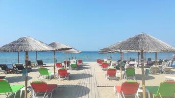 Ein Strand mit Reihen von Liegestühlen und reetgedeckten Sonnenschirmen, einer Holzpromenade und dem Meer im Hintergrund.