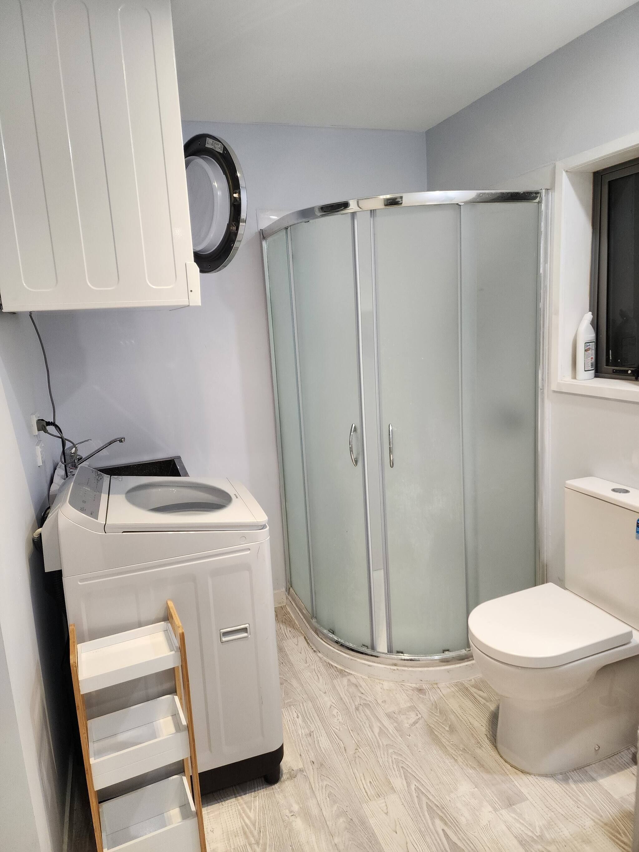 Shower, hair dryer, towels