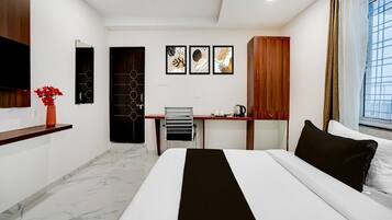 Desk, bed sheets