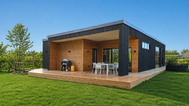 Una casa moderna con un patio, un barbecue e un'area pranzo.