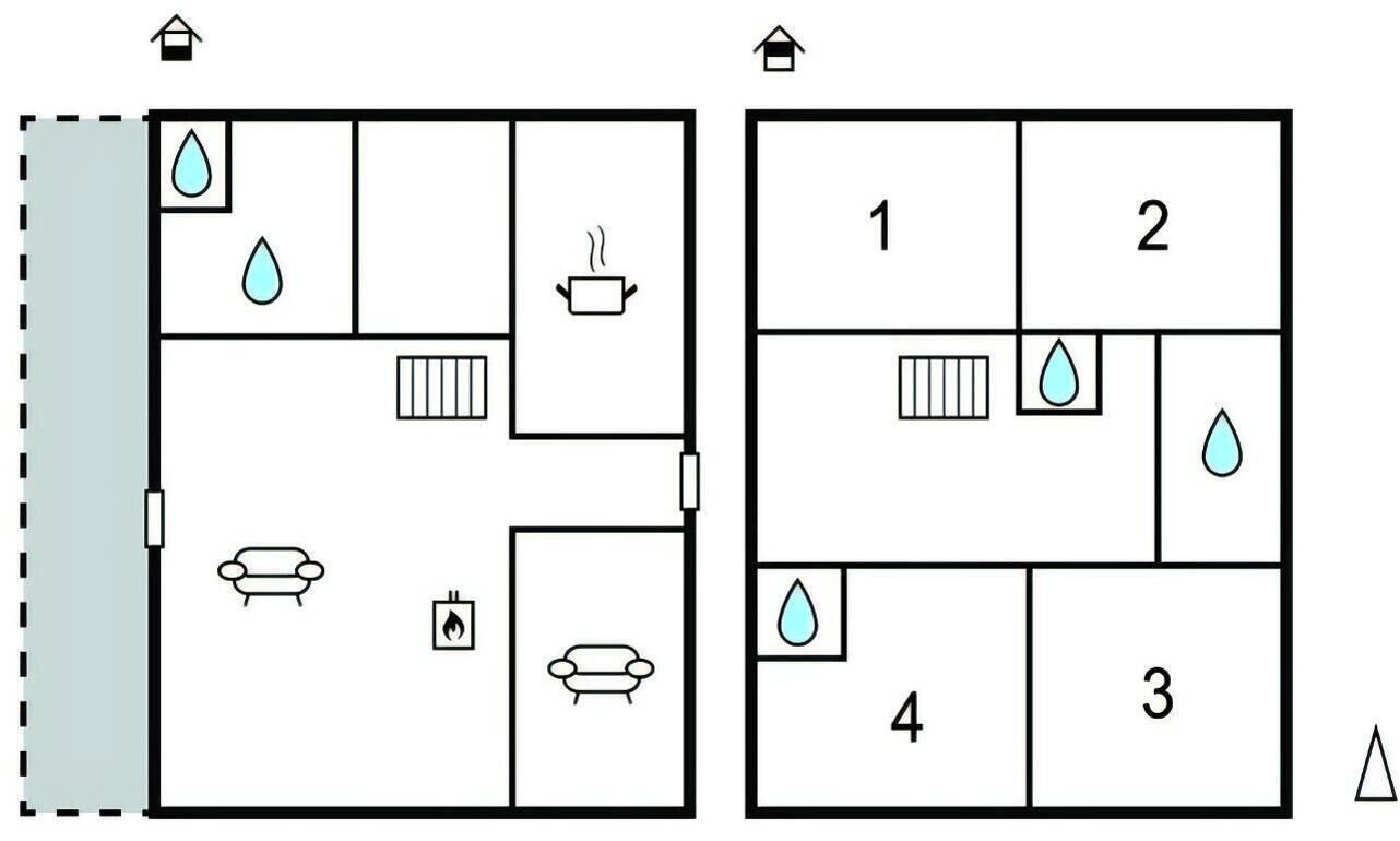 Un plan d’étage comprenant quatre pièces, chacune étant numérotée, ainsi qu’une salle de bain avec douche et toilettes.