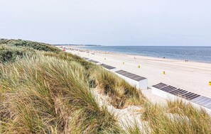 Een strand met zand, gras en een heldere lucht.