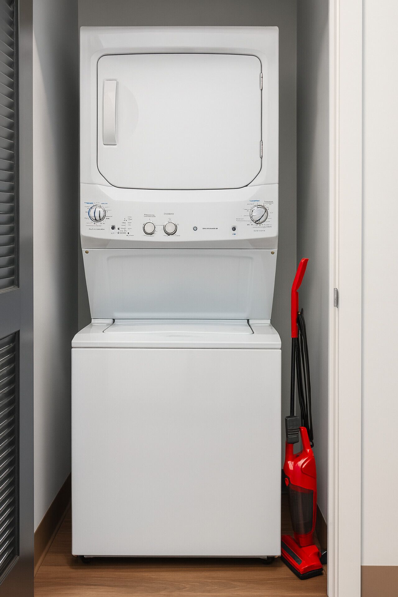 A white washing machine in a laundry room with a red vacuum cleaner beside it.