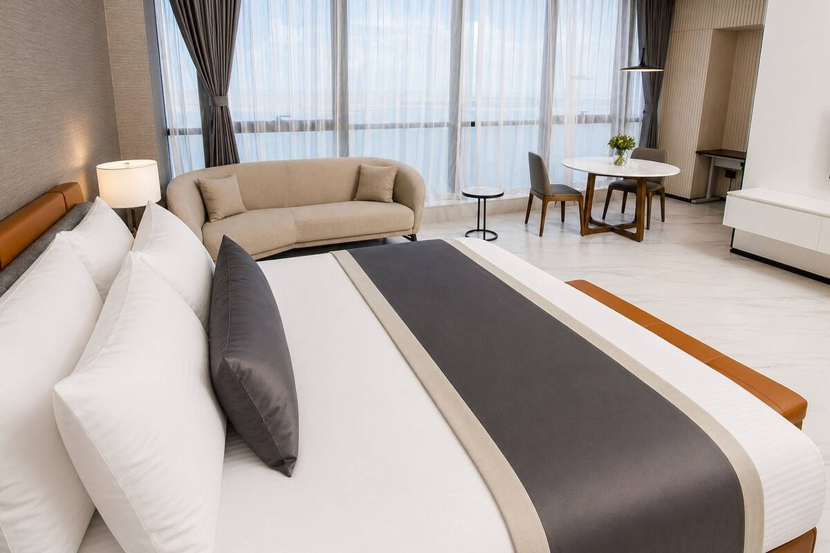 In-room safe, desk, laptop workspace, blackout curtains