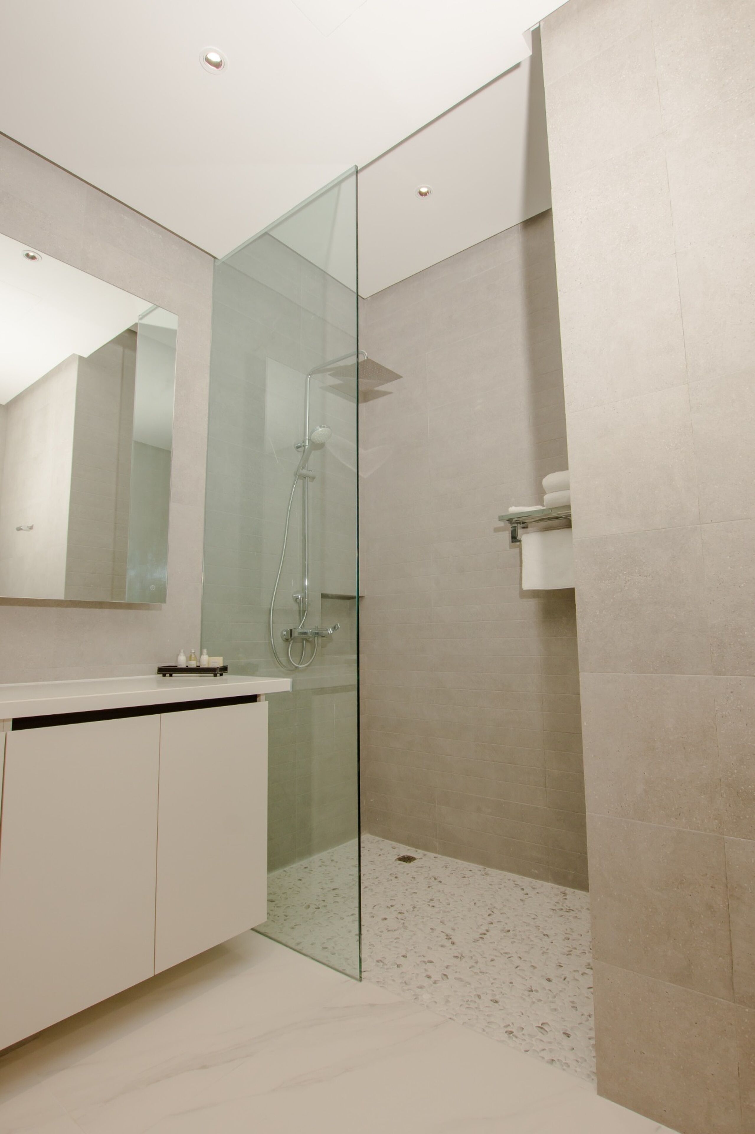Designer toiletries, towels, soap, shampoo