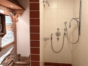 Shower, hair dryer, towels, toilet paper