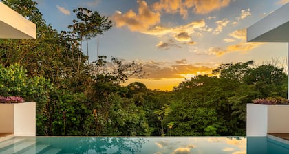 Modern gated villa in Ojochal with mountain views. Sleeps 8 with 3 bedrooms and 6 beds. Enjoy two infinity pools, modern design, A/C in all rooms, and total privacy surrounded by nature.