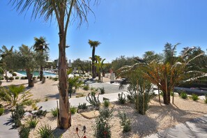A landscaped garden with palm trees, a pool, and a paved walkway.