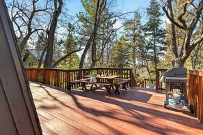 Eine Holzterrasse mit Picknicktischen und Grill, umgeben von Bäumen.