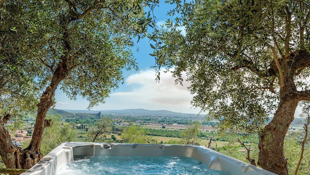 Een hottub omringd door bomen met uitzicht op een landschap.