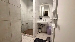 Dusche, Haartrockner, Handtücher, Shampoo