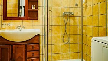 Shower, hair dryer, towels, shampoo