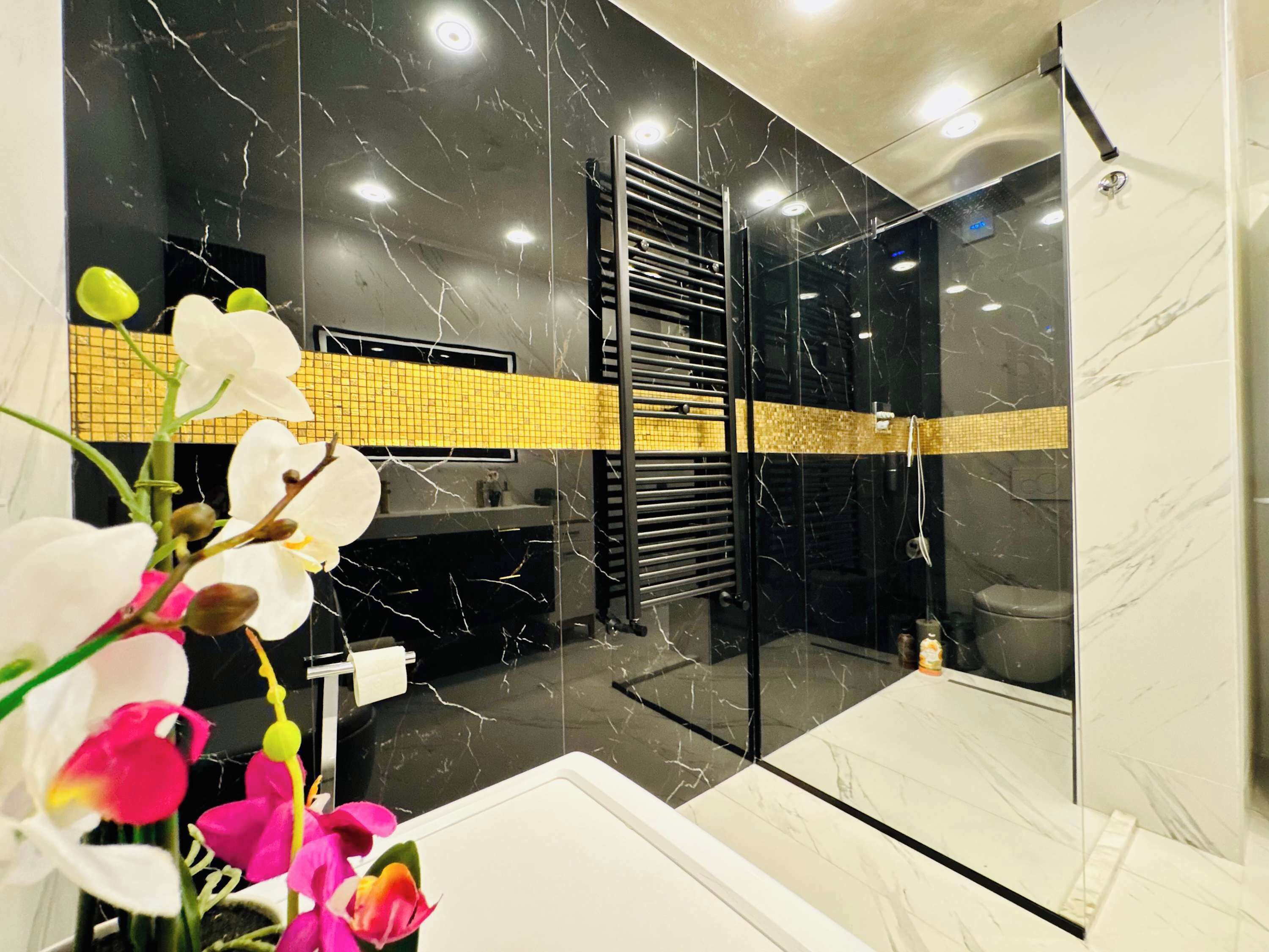 Douche, sèche-cheveux, serviettes fournies, shampoing