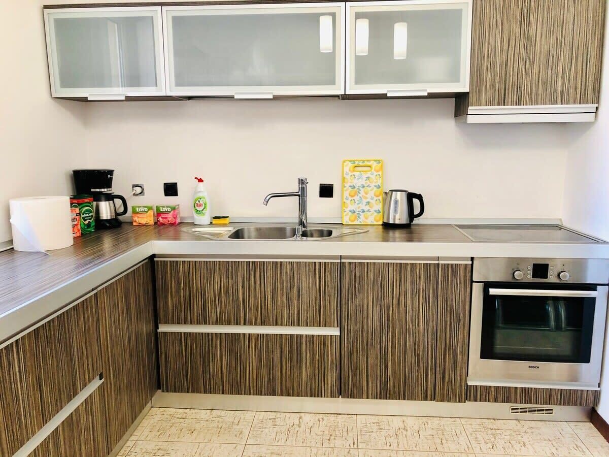 Fridge, oven, stovetop, coffee/tea maker
