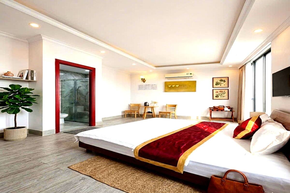 A hotel room with a large bed, a small table, chairs, a potted plant, and a TV.