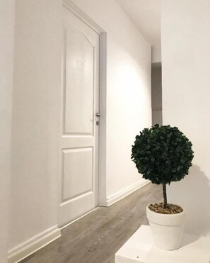 Ein Flur mit einer weißen Tür, einem Blumentopf und einer weißen Säule.