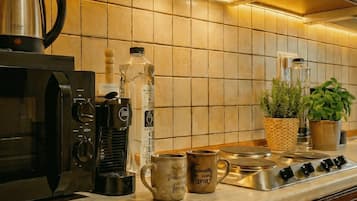 Fridge, microwave, stovetop, electric kettle